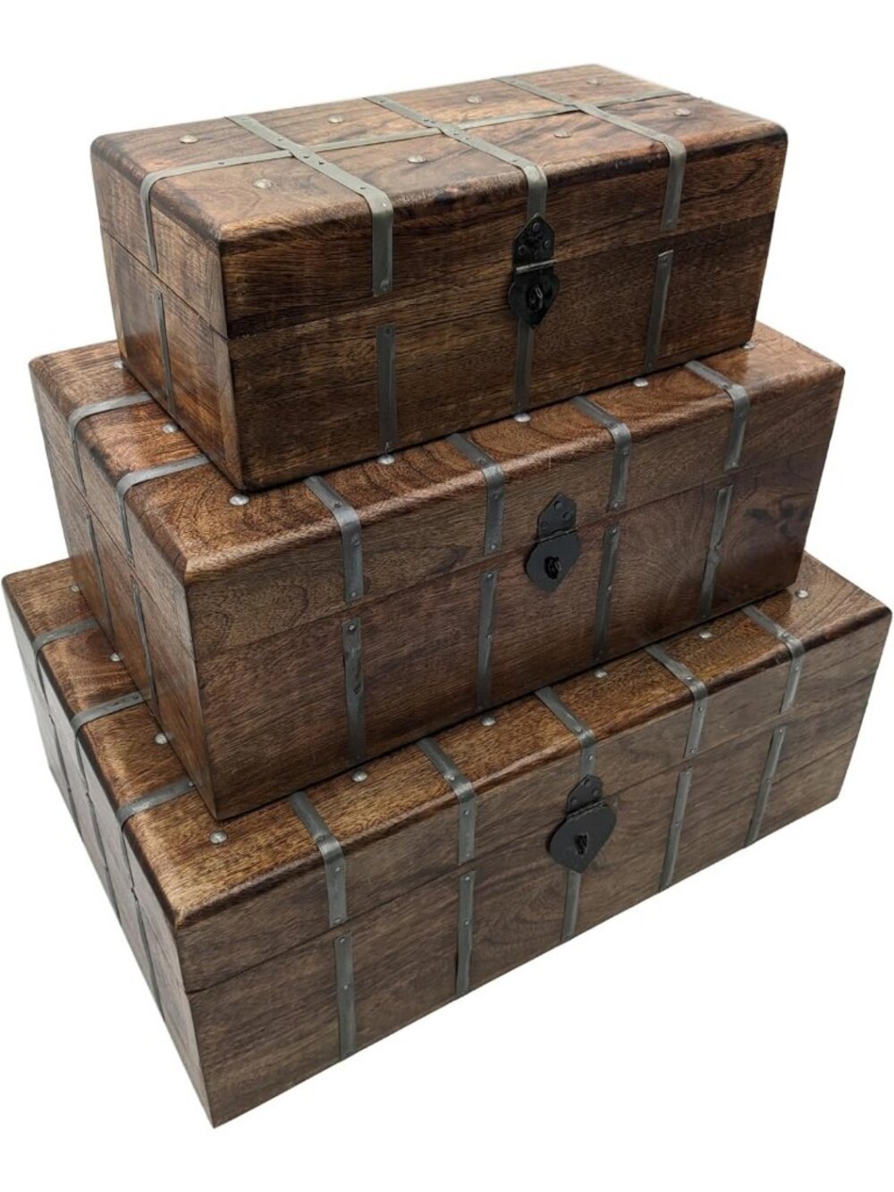 Nesting Wooden Pirate Treasure Chests Set of 3 - Decorative Storage Boxes with